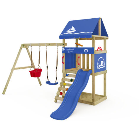 Wickey Klettergerüst Spielturm DinkyHouse für Kleinkinder mit Rutsche und Kinderschaukel, Babyschaukel mit Sicherheitsgurten - blau