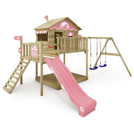 Wickey Spielturm Klettergerüst Smart Coast mit Schaukel & Rutsche, Stelzenhaus mit Sandkasten, Kletterleiter & Spiel-Zubehör – Pastellpink