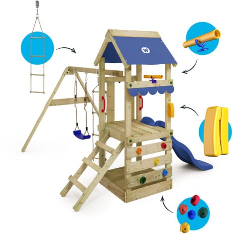 Wickey Spielturm Klettergerüst FreshFlyer mit Schaukel & Rutsche, Stelzenhaus mit Sandkasten, Kletterleiter & Spiel-Zubehör – Pastellgrün
