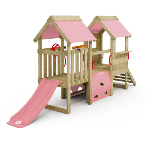 Wickey Klettergerüst My First Playtower 2: Kleinkinder Kletterturm, Spielturm (10 jährige Garantie', extrem witterungsbeständig,Tunnel mit Kletterwänden), mit Spielturmzubehör - pastellpink