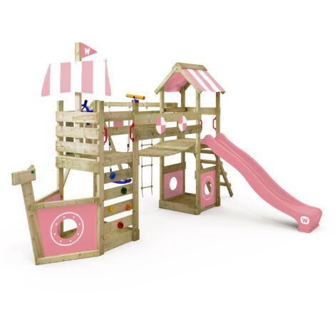 Wickey Spielturm Klettergerüst StormFlyer mit Schaukel & Rutsche, Baumhaus mit Sandkasten, Kletterleiter & Spiel-Zubehör - Pastellpink