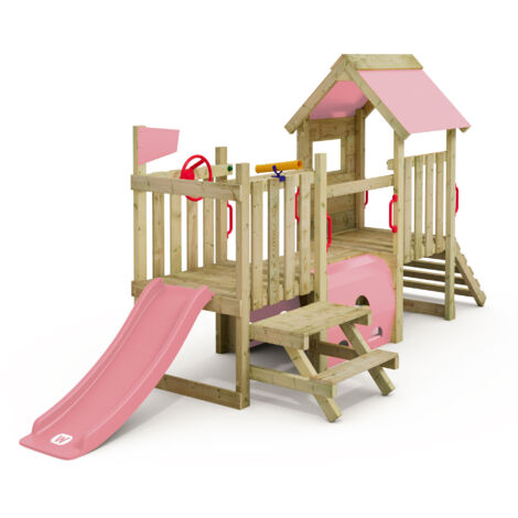 Wickey Klettergerüst My First Playtower 1: Kleinkinder Kletterturm, Spielturm (10 jährige Garantie', extrem witterungsbeständig,Tunnel mit Kletterwänden), mit Spielturmzubehör - pastellpink