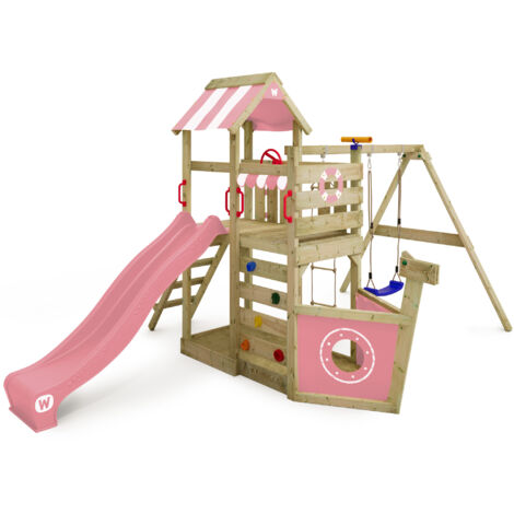 Wickey Spielturm Klettergerüst SeaFlyer mit Schaukel & Rutsche, Baumhaus mit Sandkasten, Kletterleiter & Spiel-Zubehör - Pastellpink