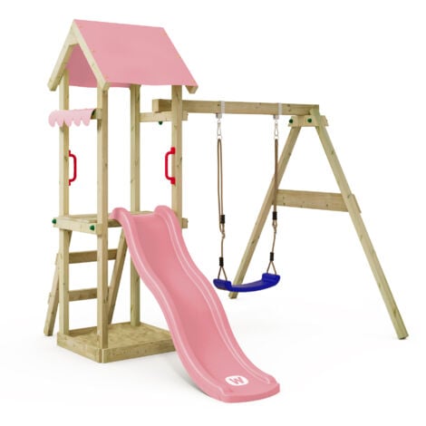 Wickey Spielturm Klettergerüst TinyWave mit Schaukel & Rutsche, Kletterturm mit Sandkasten, Leiter & Spiel-Zubehör – Pastellpink