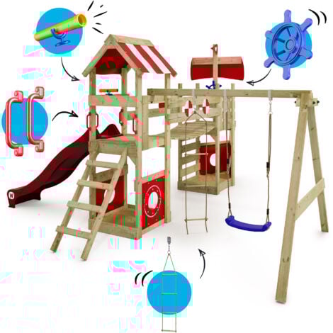 Wickey Spielturm Klettergerüst StormFlyer mit Schaukel & Rutsche, Baumhaus mit Sandkasten, Kletterleiter & Spiel-Zubehör - rot
