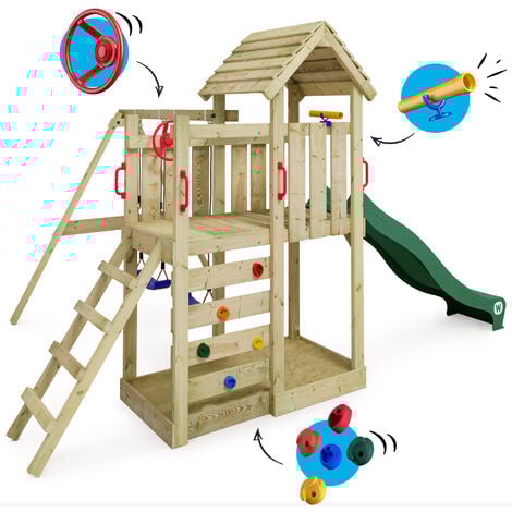 Wickey Spielturm Klettergerüst MultiFlyer Holzdach mit Schaukel & Rutsche, Kletterturm mit Holzdach, Sandkasten, Leiter & Spiel-Zubehör - grün