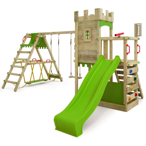 FATMOOSE Spielturm Ritterburg BoldBaron mit Schaukel SurfSwing, 10-jährige Garantie, Integrierter Sandkasten - apfelgrün