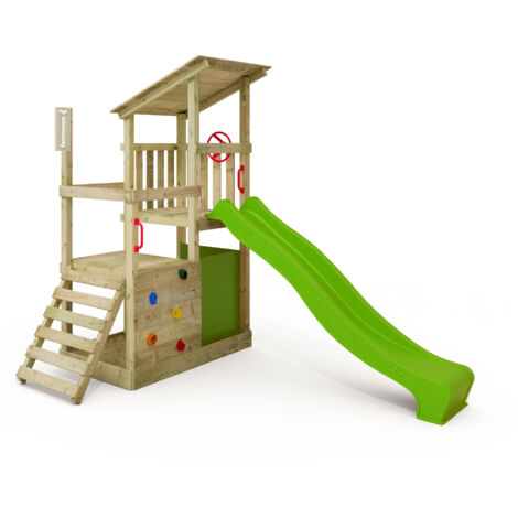FATMOOSE Spielturm Klettergerüst FruityForest mit Rutsche, Kletterturm mit Sandkasten, Leiter & Spiel-Zubehör - Apfelgrün