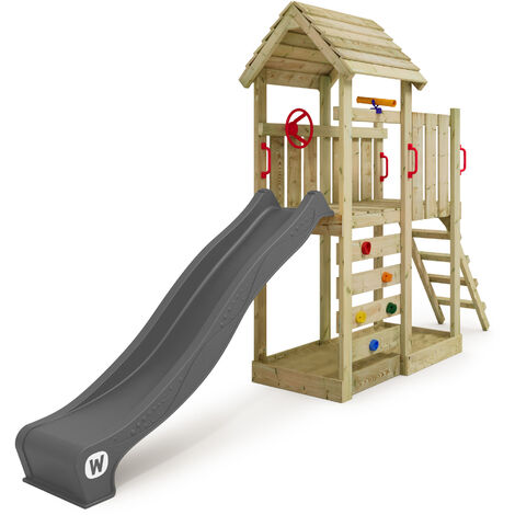 Wickey Stelzenhaus Klettergerüst JoyFlyer mit Rutsche, Kletterturm mit Sandkasten, Leiter & Spiel-Zubehör - anthrazit