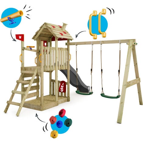Wickey Spielturm Klettergerüst FarmFlyer mit Schaukel & Rutsche, Kletterturm mit Sandkasten, Leiter & Spiel-Zubehör - anthrazit
