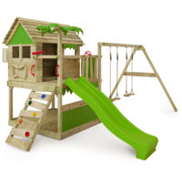 FATMOOSE Spielturm Klettergerüst TikaTaka mit Rutsche & Schaukel, Kletterturm mit Sandkasten, Leiter & Spiel-Zubehör - Apfelgrün
