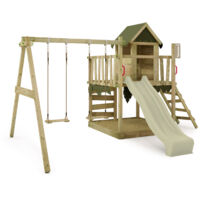 FATMOOSE Spielturm Klettergerüst JazzyJungle mit Schaukel & Rutsche, Spielhaus mit Sandkasten, Leiter & Spiel-Zubehör - Salbeigrün