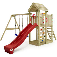 Wickey Spielturm Klettergerüst MultiFlyer Holzdach mit Schaukel & Rutsche, Kletterturm mit Holzdach, Sandkasten, Leiter & Spiel-Zubehör - rot