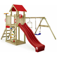 Wickey Spielturm Klettergerüst MultiFlyer Light, Schaukel & Rutsche, Outdoor Kinder Kletterturm mit Sandkasten, Leiter & Spiel-Zubehör für den Garten - rot