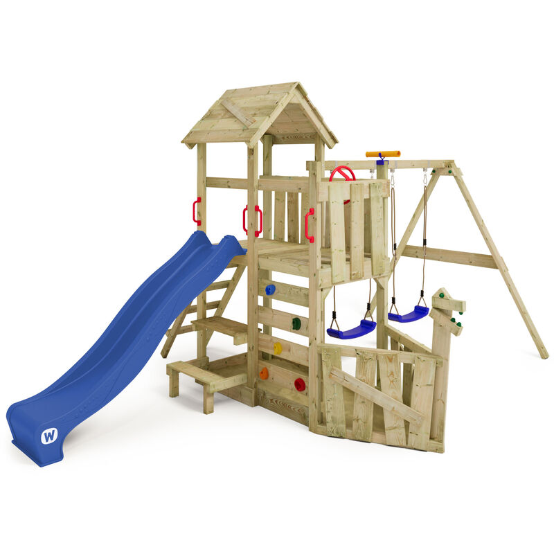 KiddyMoon aire de jeux en bois avec toboggan cadre d'escalade pour enfants,  naturel