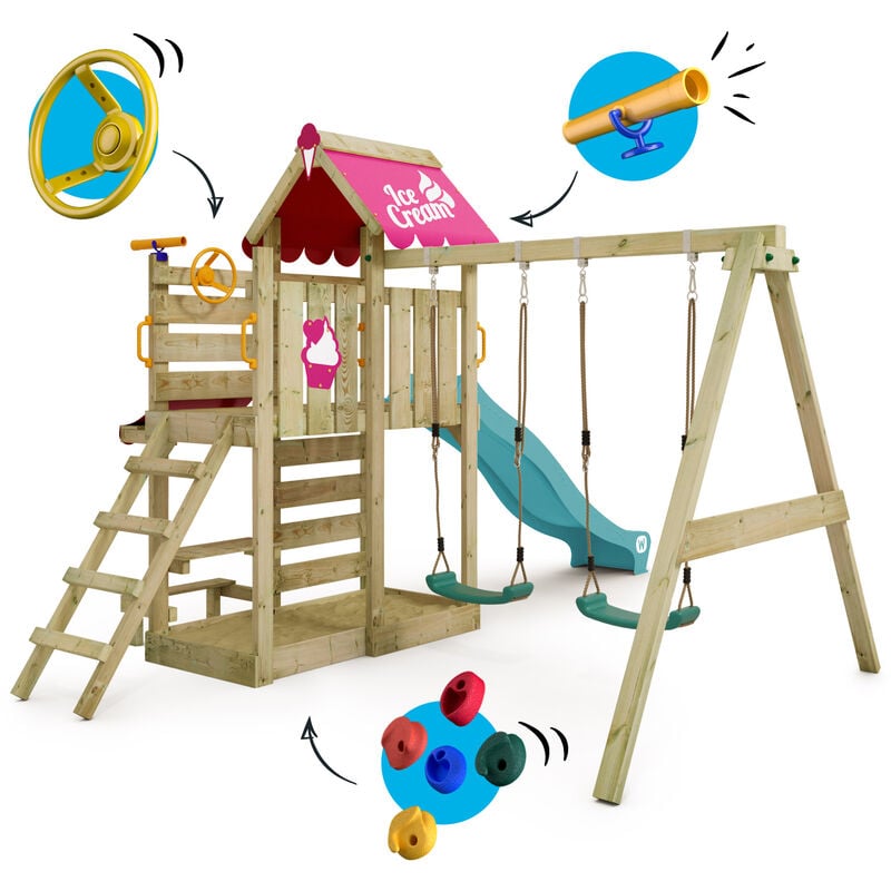 Wickey Aire de jeux Portique bois FarmFlyer avec balançoire et toboggan  Cabane enfant exterieur avec bac à sable & échelle d'escalade - anthracite