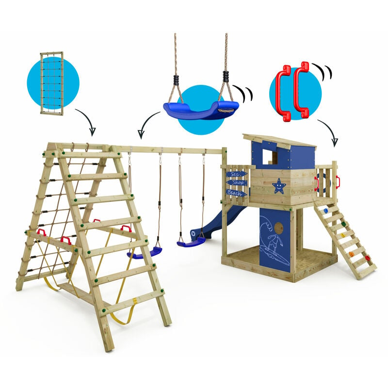 Wickey Aire De Jeux Portique Bois Smart Lodge 1 Avec Escaliers Balancoire Et Toboggan Bleu Maison Enfant Exterieur Avec Bac A Sable Echelle D Escalade Accessoires De Jeux