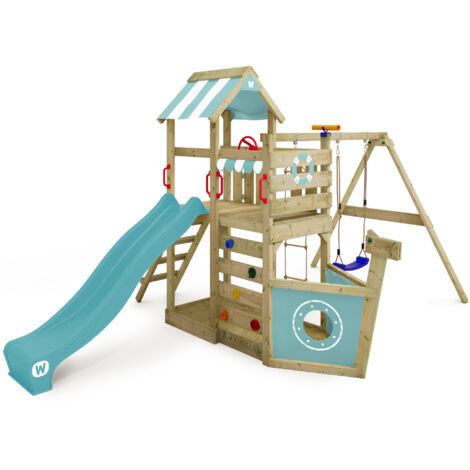 WICKEY Aire de jeux Portique bois SeaFlyer avec balançoire et toboggan Cabane enfant exterieur avec bac à sable, échelle d'escalade & accessoires de jeux - bleu pastel