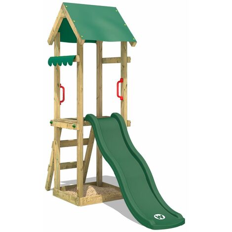 WICKEY Aire de jeux Portique bois TinySpot vert Maison enfant exterieur avec bac à sable, échelle d'escalade & accessoires de jeux