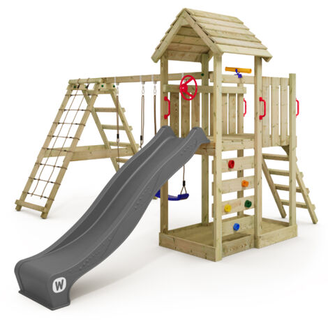 Wickey Aire de jeux Portique bois RocketFlyer avec balançoire et toboggan Maison enfant exterieur avec bac à sable, échelle d'escalade & accessoires de jeux – anthracite