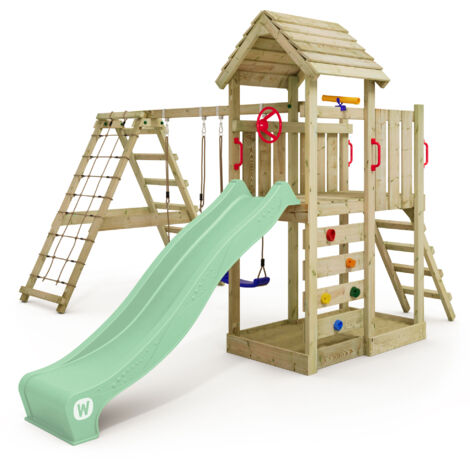 Wickey Aire de jeux Portique bois RocketFlyer avec balançoire et toboggan Maison enfant exterieur avec bac à sable, échelle d'escalade & accessoires de jeux  - vert pastel