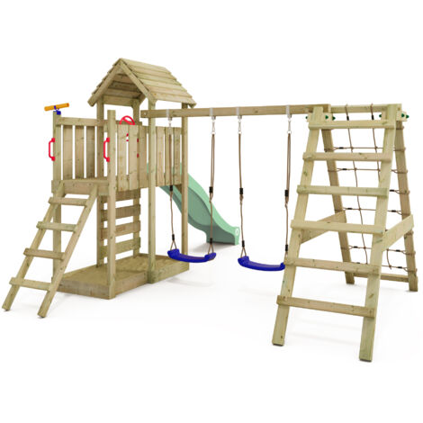WICKEY Aire de jeux marine SeaFlyer en bois avec toboggan rose pastel, balançoire double et aire de jeux bateau | Leroy Merlin WICKEY Aire de jeux marine SeaFlyer en bois avec toboggan rose pastel, balançoire double et aire de jeux bateau | Leroy Merlin