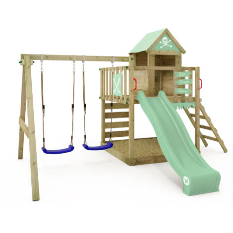 WICKEY Aire de jeux Portique bois Smart Cave avec balançoire et toboggan Cabane enfant exterieur avec bac à sable, échelle d'escalade & accessoires de jeux - vert pastel