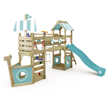 WICKEY Aire de jeux Portique bois StormFlyer avec balançoire et toboggan Cabane enfant exterieur avec bac à sable, échelle d'escalade & accessoires de jeux - bleu pastel