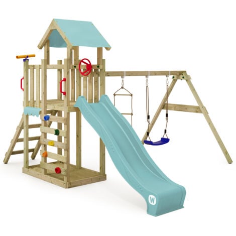 Wickey Tour de jeux MultiFlyer Light, balançoire & toboggan, tour d'escalade pour enfants avec bac à sable, échelle & accessoires de jeu pour le jardin - bleu pastel