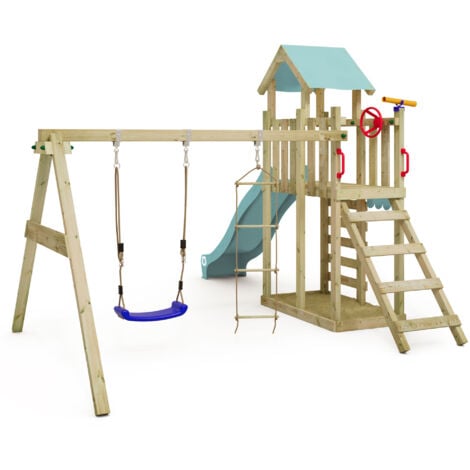 Wickey Tour de jeux MultiFlyer Light, balançoire & toboggan, tour d'escalade pour enfants avec bac à sable, échelle & accessoires de jeu pour le jardin - bleu pastel