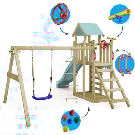 Wickey Tour de jeux MultiFlyer Light, balançoire & toboggan, tour d'escalade pour enfants avec bac à sable, échelle & accessoires de jeu pour le jardin - bleu pastel