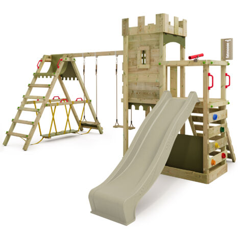Fatmoose – Aire de jeux en bois XXL avec toboggan 220 cm – Mur d escalade et balançoire SurfSwing – Pour enfants jusqu à 10 ans