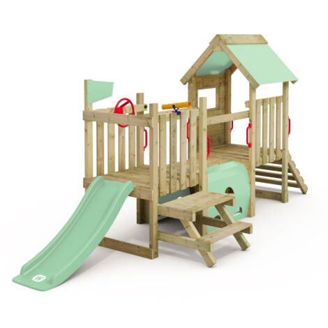 Wickey – Aire de jeux en bois pour enfants – Toboggan 120 cm – 2 plateformes à 60 cm – Table de pique-nique intégrée – Résistant aux intempéries
