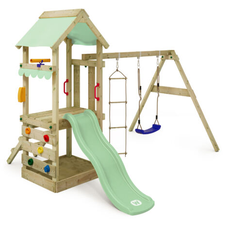 WICKEY Aire de Jeux Smart Cave portique en Bois avec balançoire et Toboggan Bleu, Tour d'escalade pour Enfants avec bac à Sable, échelle et Accessoires de Jeu pour Le Jardin