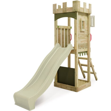 FATMOOSE Tour de jeux Portique d'escalade TreasureTower avec toboggan, tour d'escalade avec bac à sable, Échelle & accessoires de jeu – vert sauge