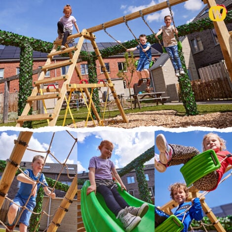 FATMOOSE Tour de jeux Portique d'escalade TreasureTower avec toboggan, tour d'escalade avec bac à sable, Échelle & accessoires de jeu – vert sauge