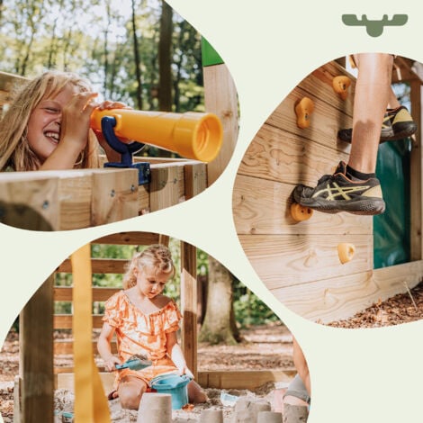 FATMOOSE Tour de jeux Portique d'escalade TreasureTower avec toboggan, tour d'escalade avec bac à sable, Échelle & accessoires de jeu – vert sauge