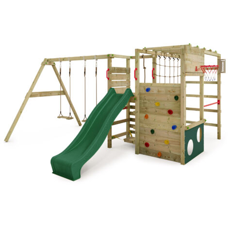 FATMOOSE Portique d'escalade Tour de jeux ActionArena avec balançoire et toboggan, aire de jeux de jardin avec échelle et accessoires de jeu – vert
