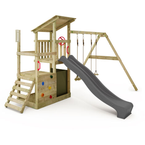 FATMOOSE Tour de jeux Portique d'escalade FruityForest avec balançoire et toboggan, tour d'escalade avec bac à sable, Échelle & accessoires de jeu – anthracite
