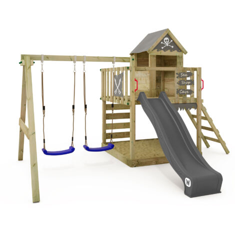 Wickey tour de jeux en bois Smart Cave avec balançoire et toboggan, cabane avec bac à sable, échelle de corde et accessoires de jeu – anthracite