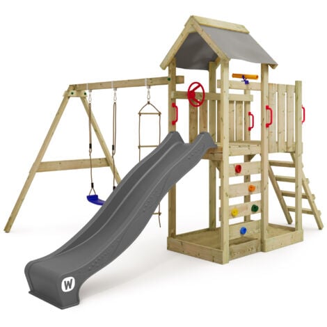 Wickey tour de jeux en bois MultiFlyer avec balançoire et toboggan, tour d'escalade avec bac à sable, échelle et accessoires de jeu – anthracite