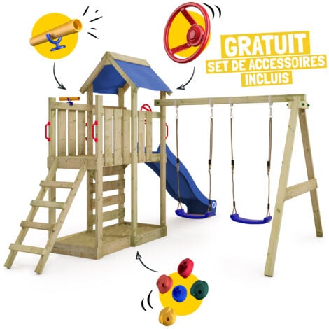 Wickey tour de jeux en bois MultiFlyer avec balançoire et toboggan, tour d'escalade avec bac à sable, échelle et accessoires de jeu – anthracite