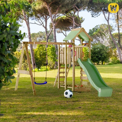 Wickey tour de jeux en bois MultiFlyer avec balançoire et toboggan, tour d'escalade avec bac à sable, échelle et accessoires de jeu – anthracite