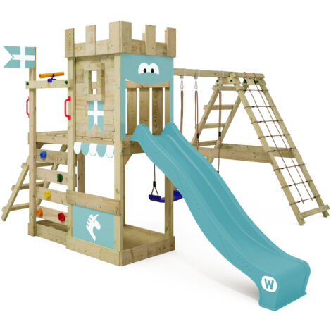 WICKEY Aire de jeux Portique bois DragonFlyer avec balançoire et toboggan Maison enfant exterieur avec bac à sable, échelle d'escalade & accessoires de jeux - bleu pastel