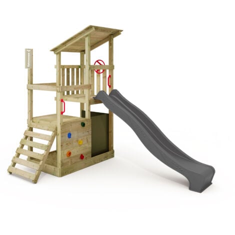 FATMOOSE Tour de jeux Portique d'escalade FruityForest avec toboggan, tour d'escalade avec bac à sable, Échelle & accessoires de jeu – anthracite