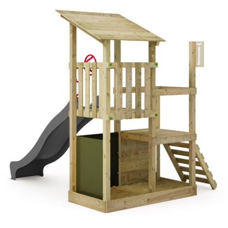 FATMOOSE Tour de jeux Portique d'escalade FruityForest avec toboggan, tour d'escalade avec bac à sable, Échelle & accessoires de jeu – anthracite