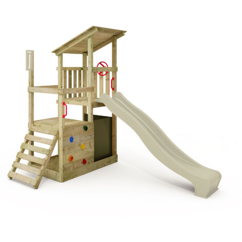 FATMOOSE Tour de jeux Portique d'escalade FruityForest avec toboggan, tour d'escalade avec bac à sable, Échelle & accessoires de jeu – vert sauge