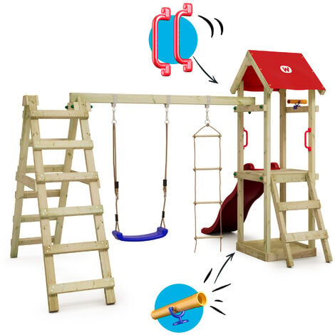 Wickey Aire de jeux Portique bois TinyLoft avec balançoire et toboggan Maison enfant exterieur avec bac à sable, échelle d'escalade & accessoires de jeux - rouge