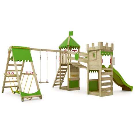 FATMOOSE Aire de jeux Portique bois RiverRun avec balançoire SurfSwing et toboggan Maison enfant exterieur avec bac à sable, échelle d'escalade & accessoires de jeux - pommevert