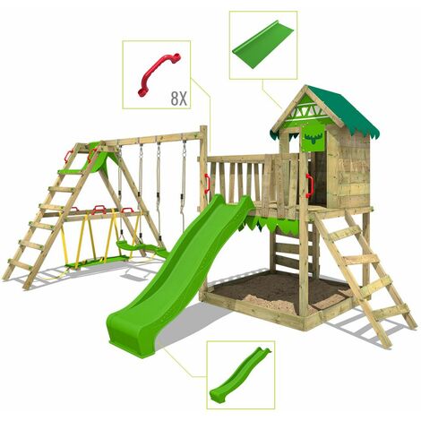 FATMOOSE Aire de jeux Portique bois JazzyJungle avec balançoire SurfSwing et toboggan Maison enfant exterieur avec bac à sable, échelle d'escalade & accessoires de jeux - vert